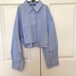 Zara blue and white pinstripe cotton cropped shirt size L